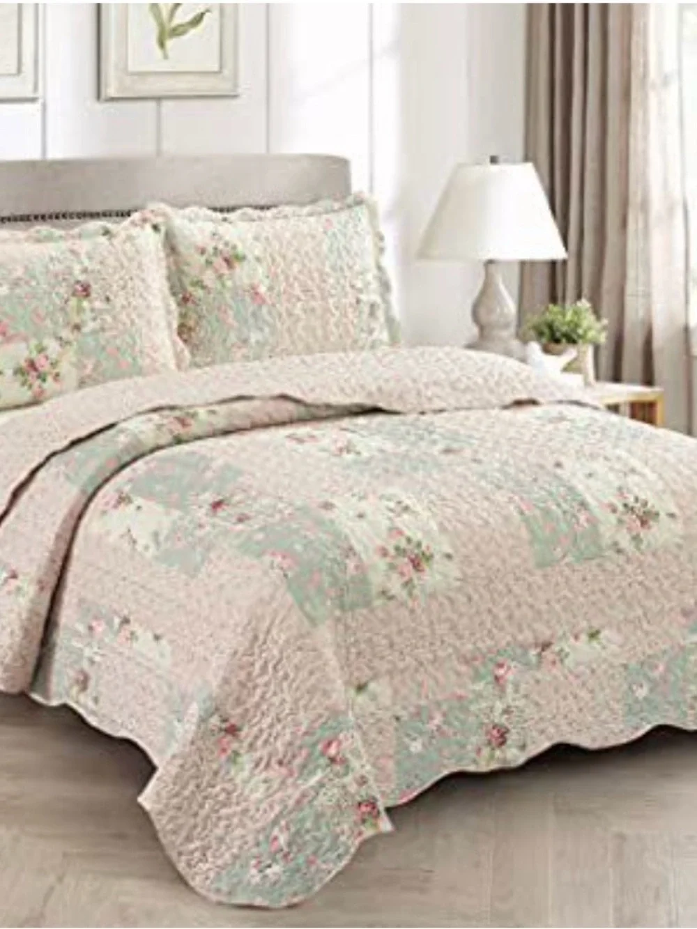 Floral Patchwork Quilted Bedspread Set in Blush and Mint
